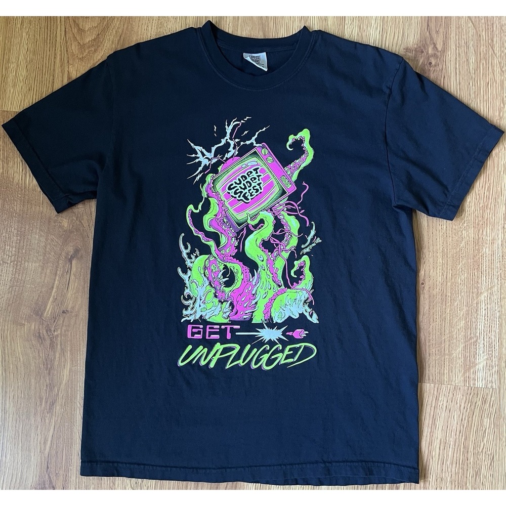 Comfort Colors Black Cotton Graphic Men's T-Shirt Sz L Get Unplugged Graphics